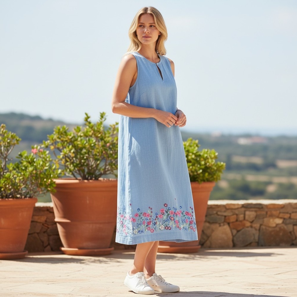 VINTAGE Linen Blend‎ Floral Embroidered Dress soft blue intricate embroidery
